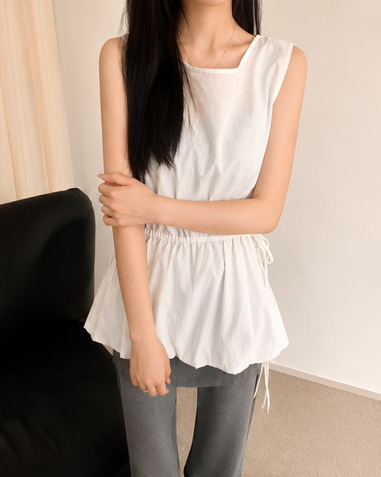 White Sleeveless Drawstring Waist Peplum Top