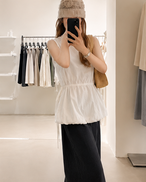 White Sleeveless Drawstring Waist Peplum Top