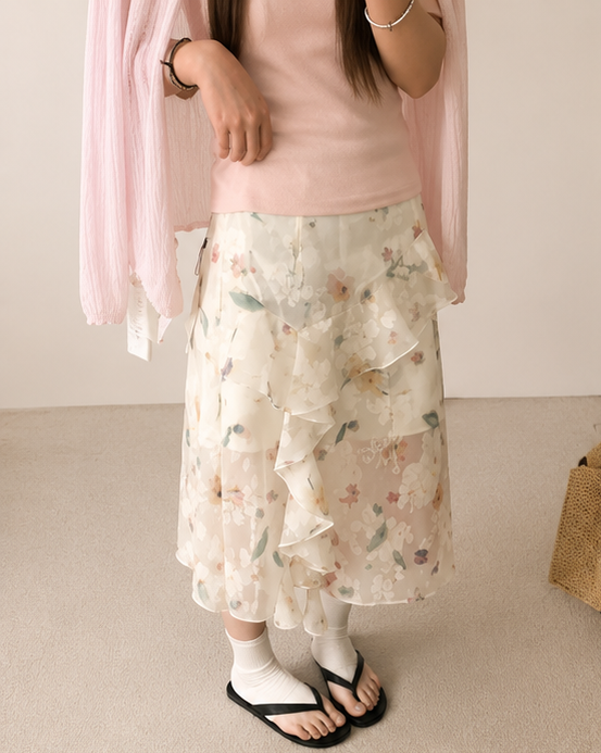 Pink Soft Knit Crop Top & Floral Ruffle Midi Skirt Set