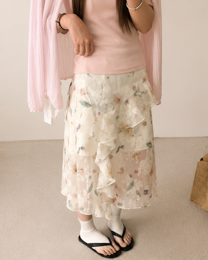 Pink Soft Knit Crop Top & Floral Ruffle Midi Skirt Set