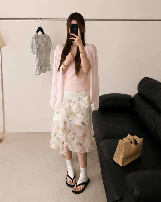 Pink Soft Knit Crop Top & Floral Ruffle Midi Skirt Set