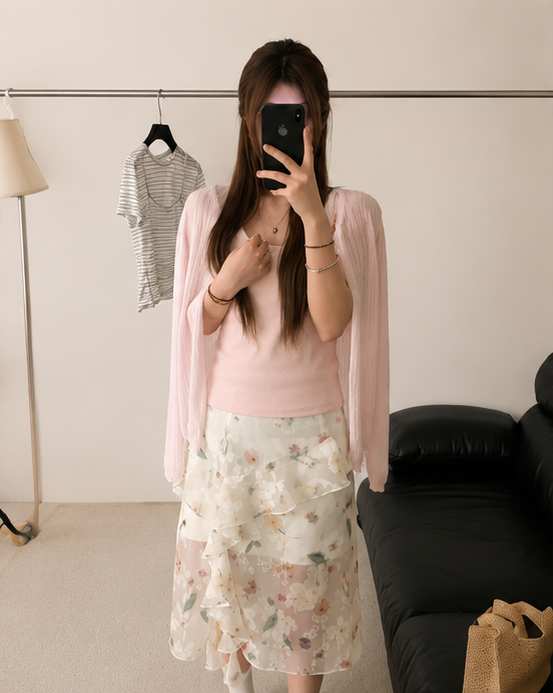 Pink Soft Knit Crop Top & Floral Ruffle Midi Skirt Set
