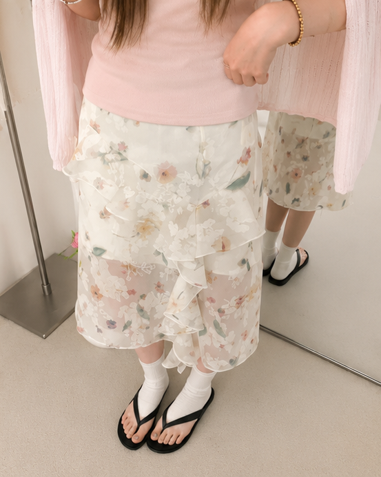 Pink Soft Knit Crop Top & Floral Ruffle Midi Skirt Set