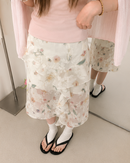 Pink Soft Knit Crop Top & Floral Ruffle Midi Skirt Set