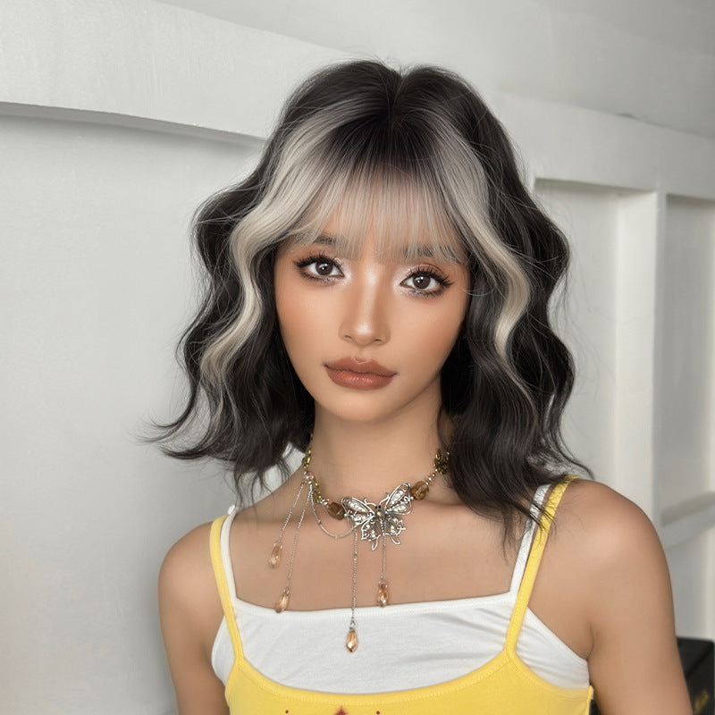 [D-166-3] Silver Gray and White Highlight 35 cm Short Curly Wig