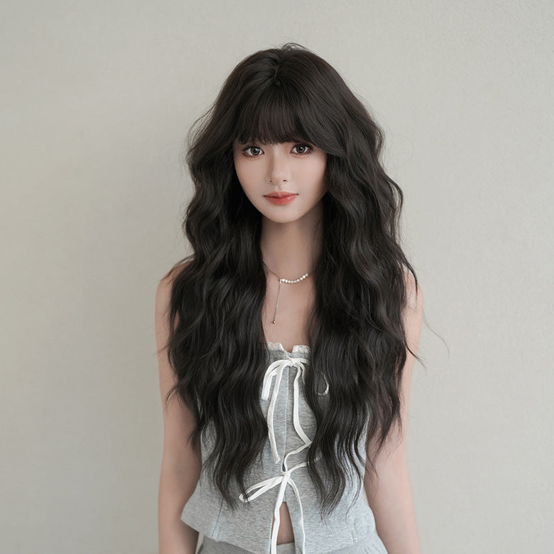 [C-0486-3] Black Brown 76 cm Long Curly Wig with Straight Bangs