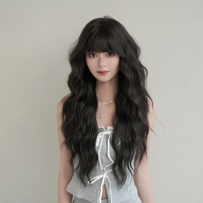 [C-0486-3] Black Brown 76 cm Long Curly Wig with Straight Bangs