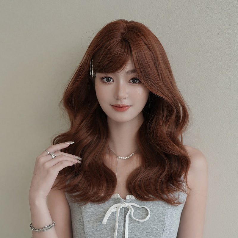 [C-0515] Sunset Orange Brown 53 cm Medium Wig with Side-Swept Bangs