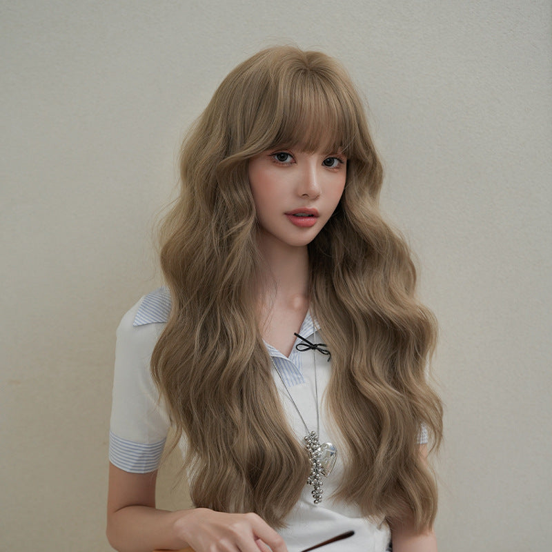 [C-0476] Milk Tea Brown 74 cm Long Curly Wig with Flexible Bangs
