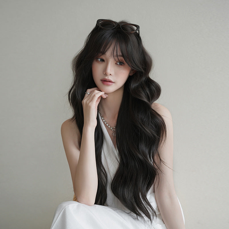 [C-0520] Black Brown 77 Cm Long curly wig with straight or side-swept bangs