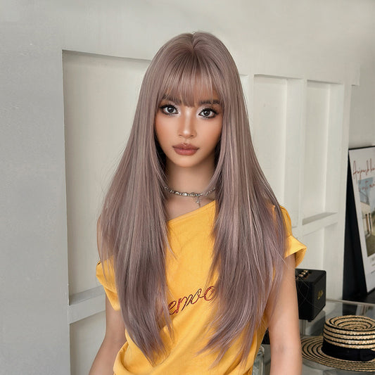[C-0483-2] Taro Pink Purple 70 cm Long Straight Wig with Flexible Bangs