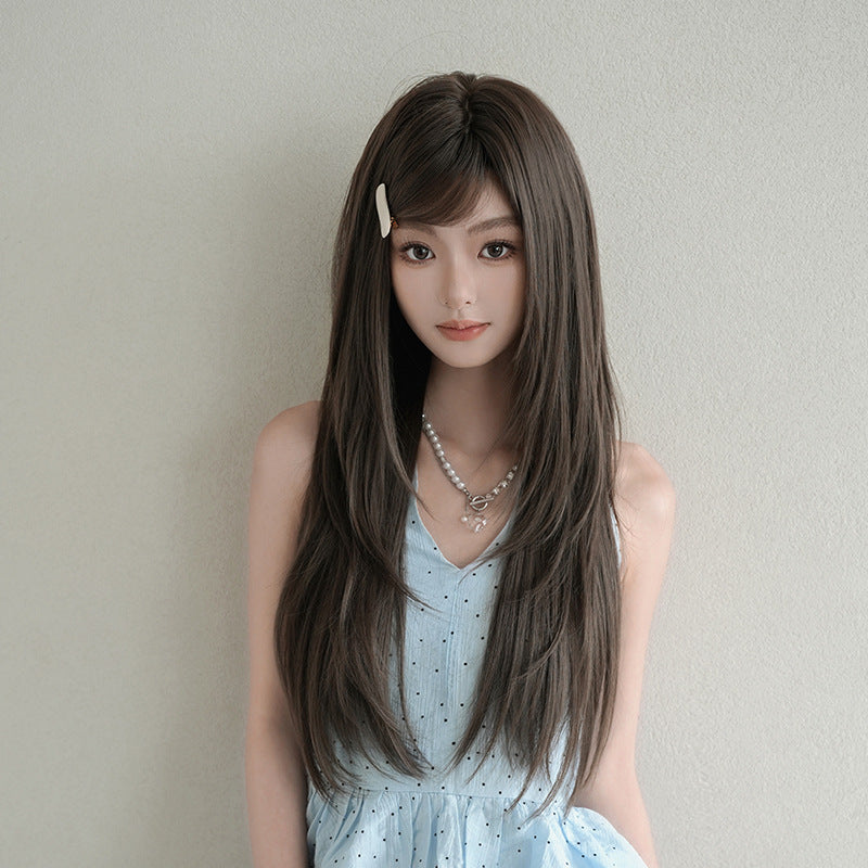 [C-0516] Cool Brown 72 cm Long Straight Wig with Flexible Bangs