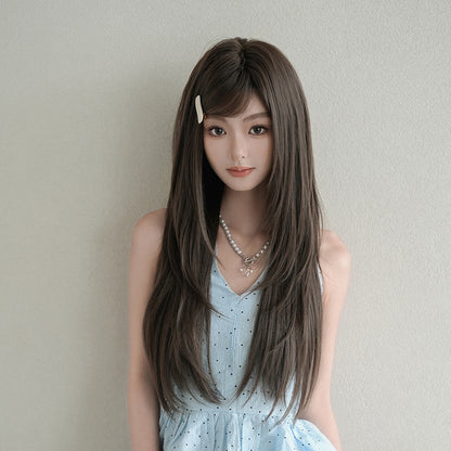 [C-0516] Cool Brown 72 cm Long Straight Wig with Flexible Bangs