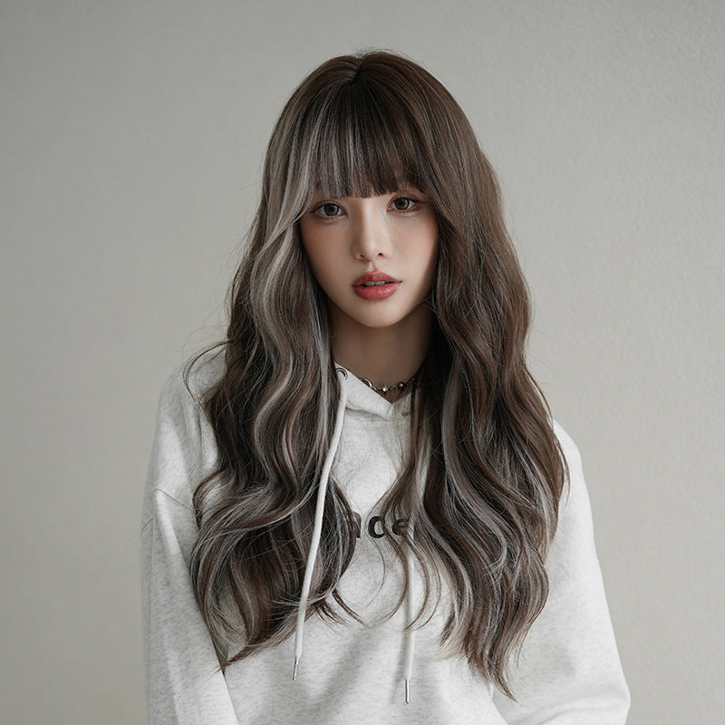 [C-0440] Coffee Brown with Milk Gray Highlights 70 cm Wig