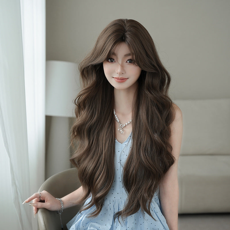 [C-0513] Honey Tea Warm Brown 80 cm Big Wave Wig with Curtain Bangs