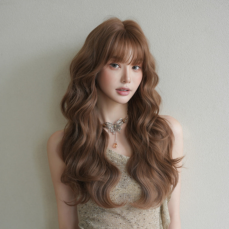 [C-0522] Flax Tea Brown 66 Cm Long curly wig with straight or side-swept bangs