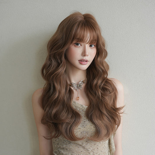 [C-0522] Flax Tea Brown 66 Cm Long curly wig with straight or side-swept bangs