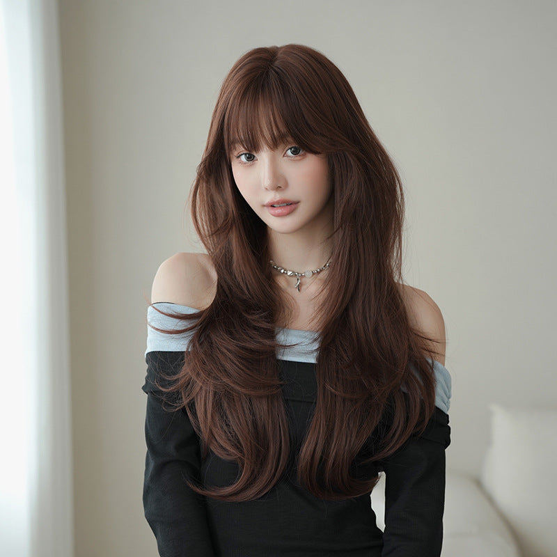 [C-0530] Dusty Rose Brown 70 cm Long Curly Wig with Curtain Bangs