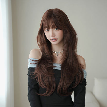 [C-0530] Dusty Rose Brown 70 cm Long Curly Wig with Curtain Bangs
