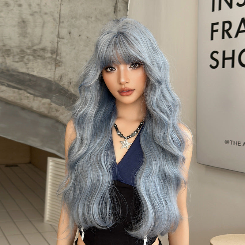 [C-0505] Glacier Blue 75 cm Long Curly Wig with Flexible Bangs