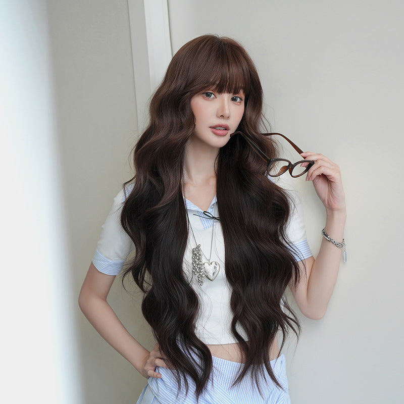 [C-0500-2] Reddish Brown and Black Mix 85 cm Long Curly Wig with Flexible Bangs