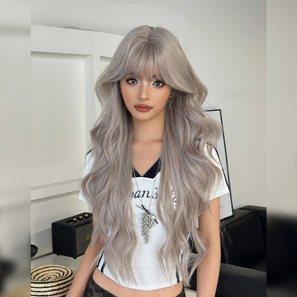 [C-0468] Milky Gray 80 cm Long Curly Wig with Flexible Bangs