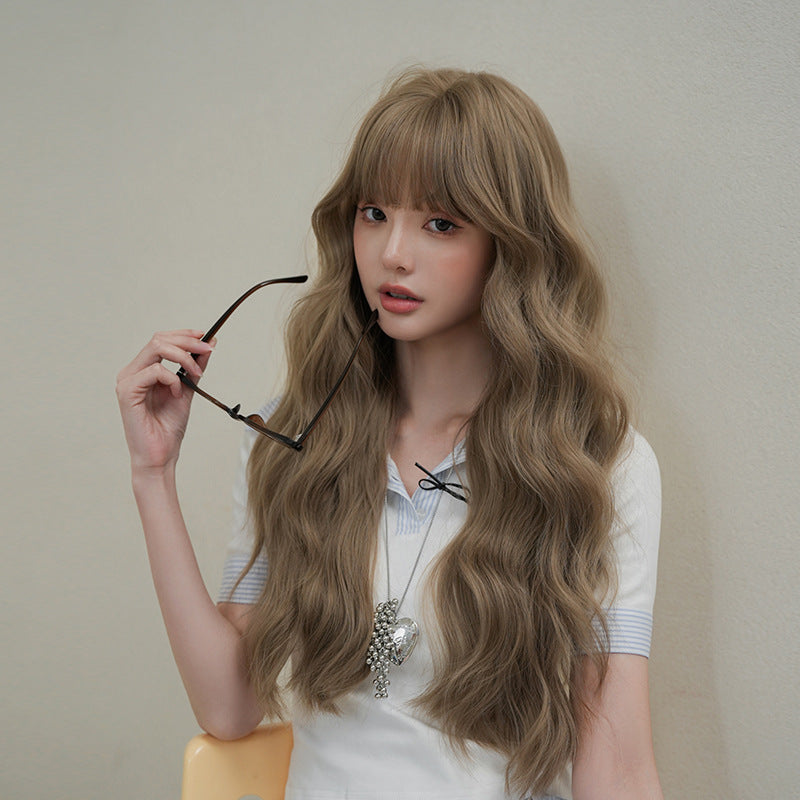 [C-0476] Milk Tea Brown 74 cm Long Curly Wig with Flexible Bangs