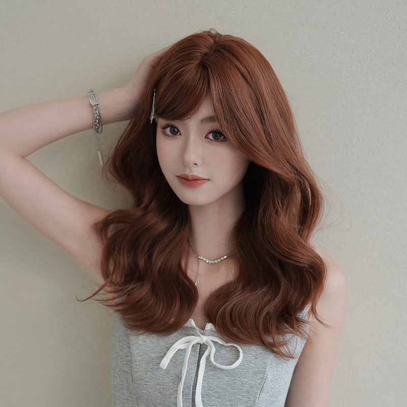[C-0515] Sunset Orange Brown 53 cm Medium Wig with Side-Swept Bangs