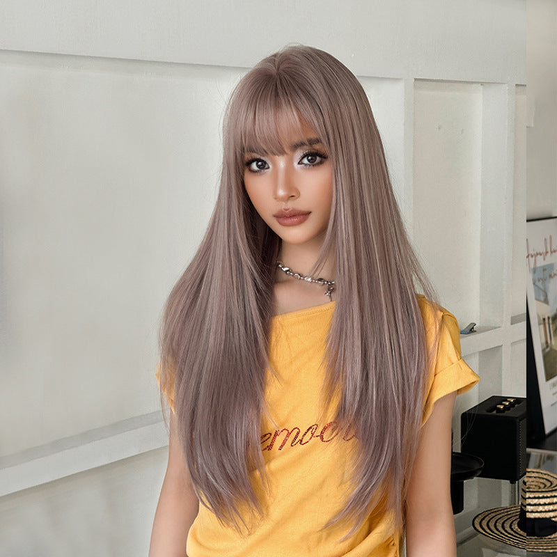 [C-0483-2] Taro Pink Purple 70 cm Long Straight Wig with Flexible Bangs