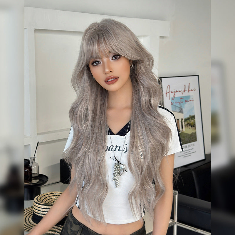 [C-0468] Milky Gray 80 cm Long Curly Wig with Flexible Bangs