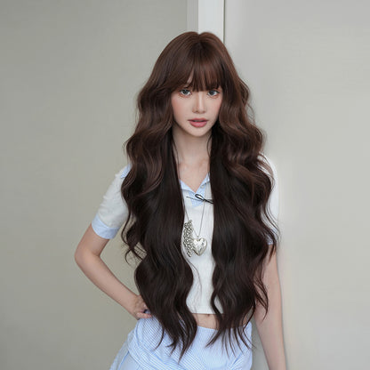 [C-0500-2] Reddish Brown and Black Mix 85 cm Long Curly Wig with Flexible Bangs