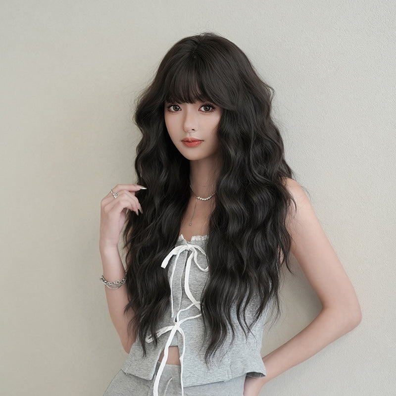 [C-0486-3] Black Brown 76 cm Long Curly Wig with Straight Bangs