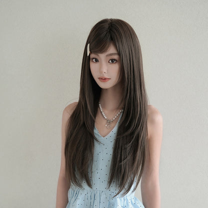 [C-0516] Cool Brown 72 cm Long Straight Wig with Flexible Bangs