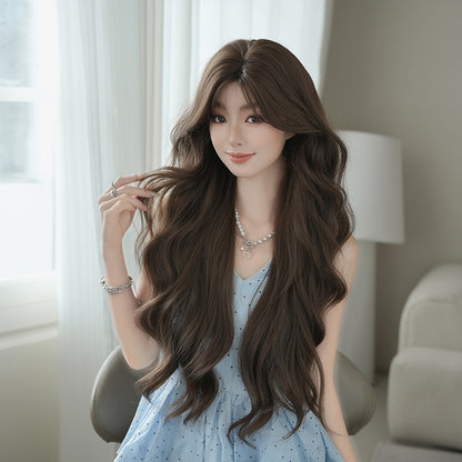 [C-0513] Honey Tea Warm Brown 80 cm Big Wave Wig with Curtain Bangs