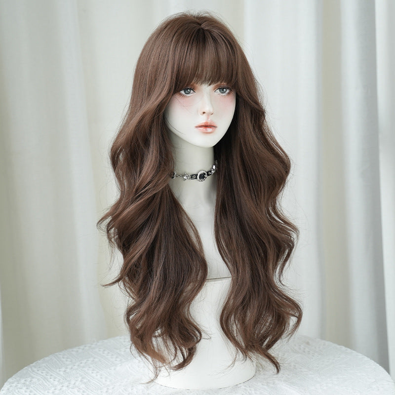 [C-0407] Vanilla Honey Brown 72 Cm Long curly wig with straight or side-swept bangs