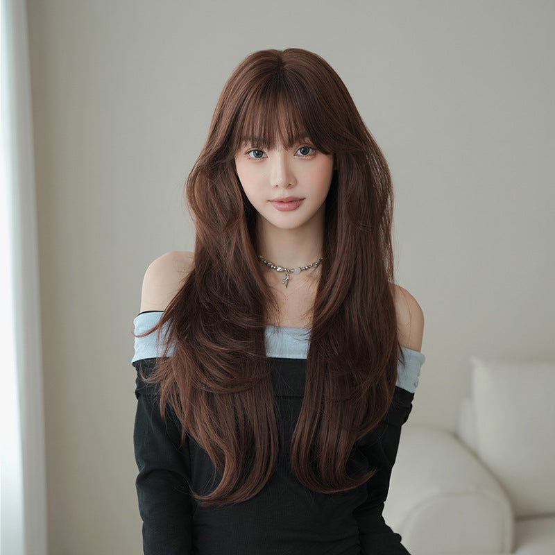 [C-0530] Dusty Rose Brown 70 cm Long Curly Wig with Curtain Bangs