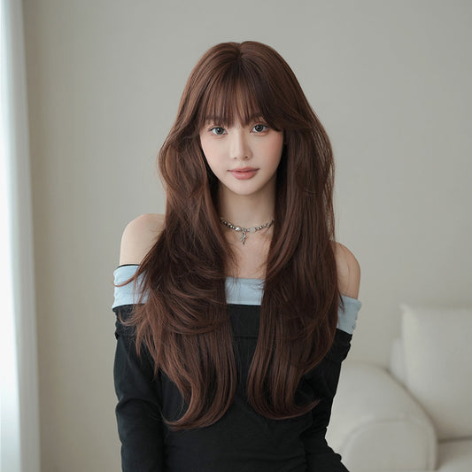 [C-0530] Dusty Rose Brown 70 cm Long Curly Wig with Curtain Bangs