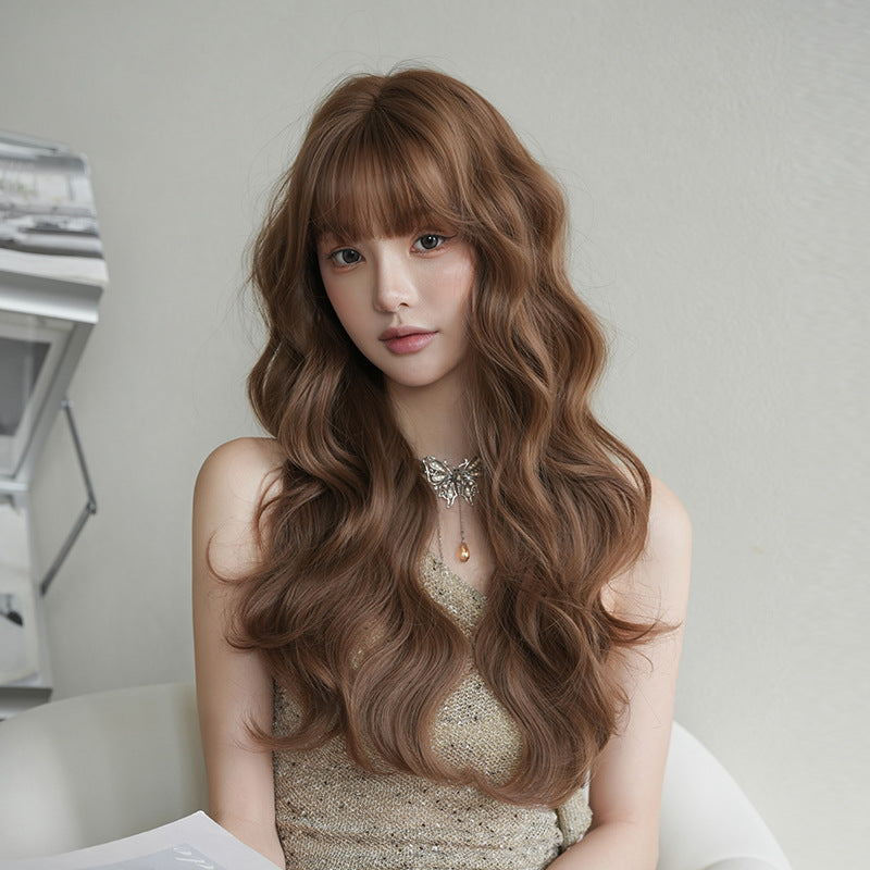 [C-0522] Flax Tea Brown 66 Cm Long curly wig with straight or side-swept bangs