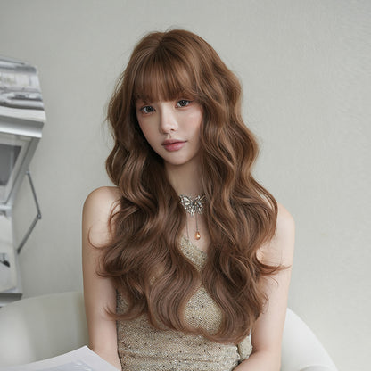[C-0522] Flax Tea Brown 66 Cm Long curly wig with straight or side-swept bangs