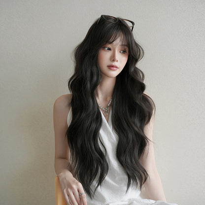 [C-0520] Black Brown 77 Cm Long curly wig with straight or side-swept bangs