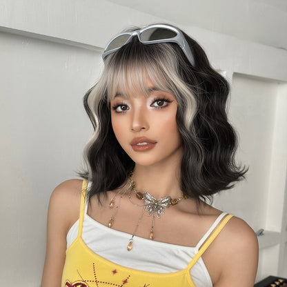 [D-166-3] Silver Gray and White Highlight 35 cm Short Curly Wig