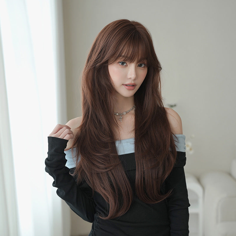 [C-0530] Dusty Rose Brown 70 cm Long Curly Wig with Curtain Bangs
