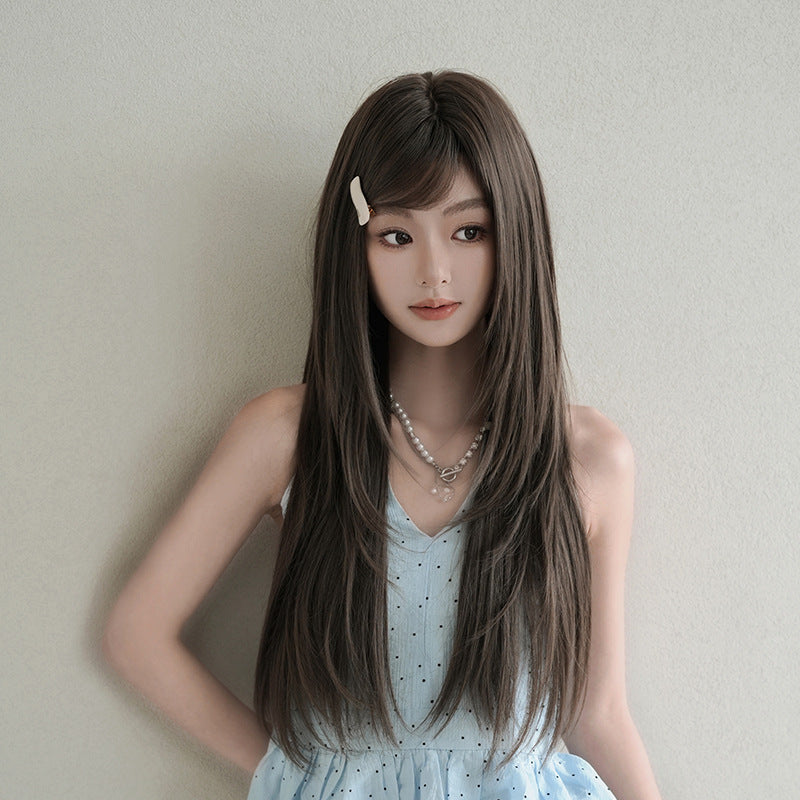 [C-0516] Cool Brown 72 cm Long Straight Wig with Flexible Bangs