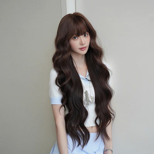 [C-0500-2] Reddish Brown and Black Mix 85 cm Long Curly Wig with Flexible Bangs