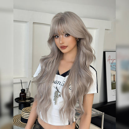 [C-0468] Milky Gray 80 cm Long Curly Wig with Flexible Bangs