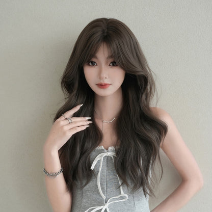 [C-0512] Cool Brown 66 cm Big Wave Wig with Curtain Bangs