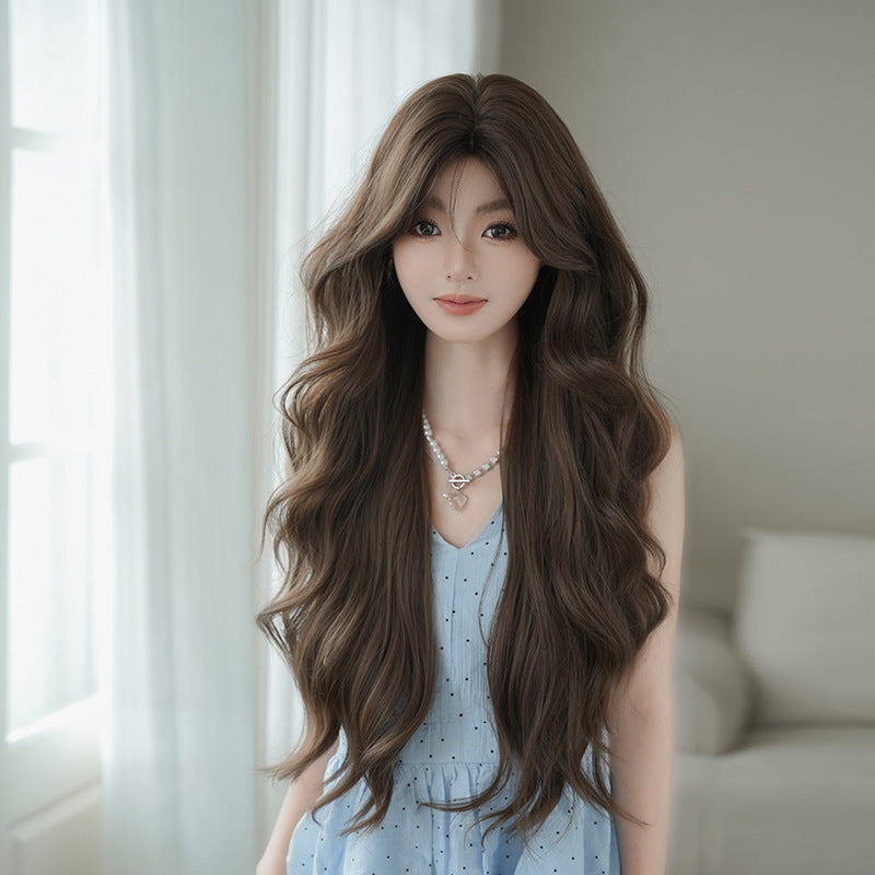 [C-0513] Honey Tea Warm Brown 80 cm Big Wave Wig with Curtain Bangs