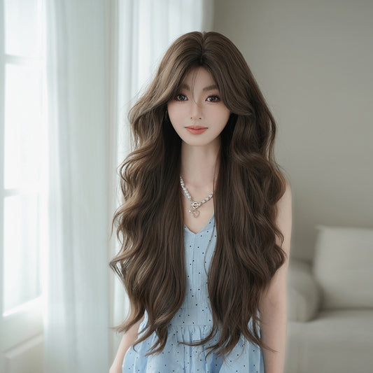 [C-0513] Honey Tea Warm Brown 80 cm Big Wave Wig with Curtain Bangs