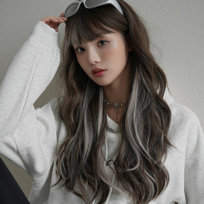 [C-0440] Coffee Brown with Milk Gray Highlights 70 cm Wig