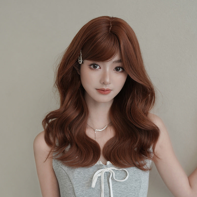 [C-0515] Sunset Orange Brown 53 cm Medium Wig with Side-Swept Bangs